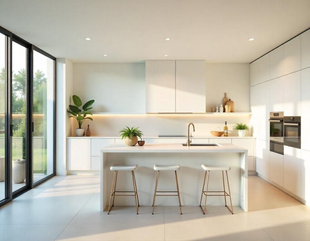 Cocina blanca, minimalista de diseño con puertas lisas y una isla.