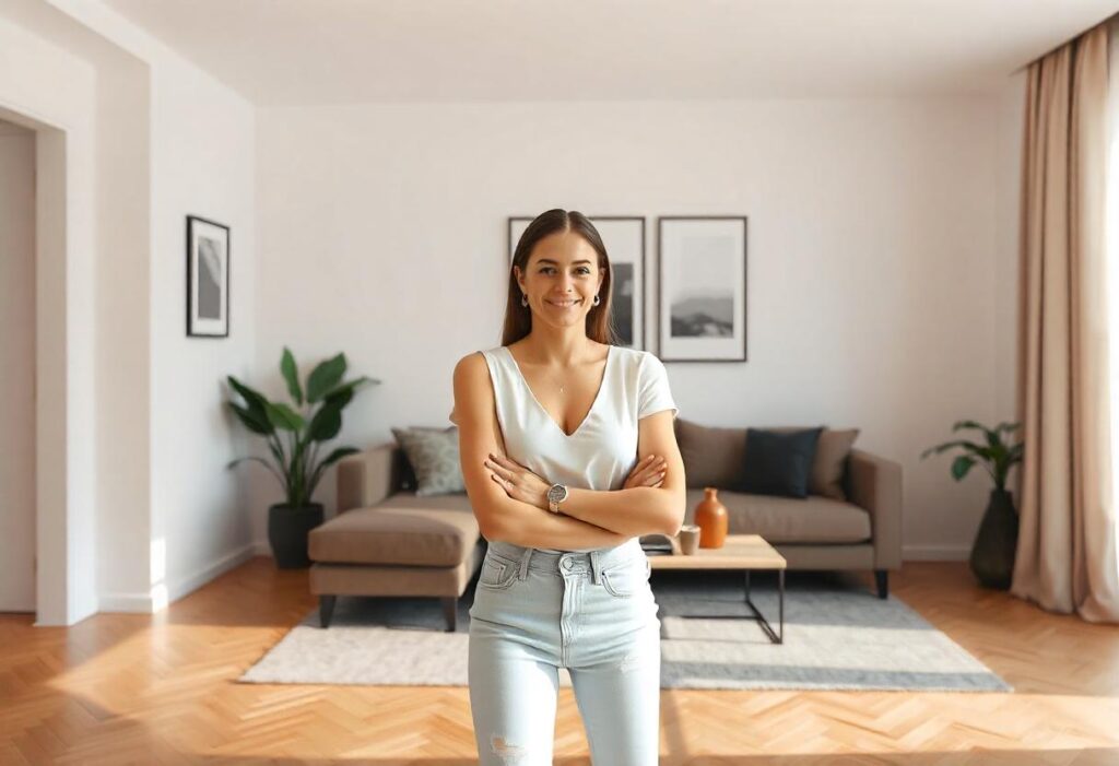 Salón de una vivienda con una mujer sonriente y satisfecha de haber logrado crear un espacio en su hogar como ella quería, gracias a Integra Estudio de interiorismo.
