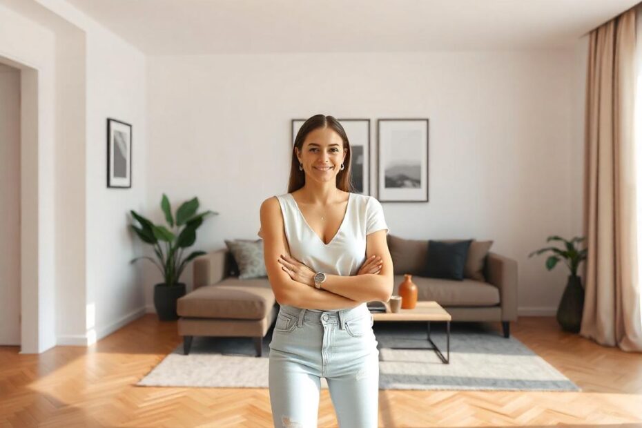 Salón de una vivienda con una mujer sonriente y satisfecha de haber logrado crear un espacio en su hogar como ella quería, gracias a Integra Estudio de interiorismo.