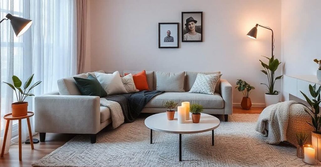 Salón acogedor con un sofá rinconero, mantas y textiles mullidos e iluminación cálida.