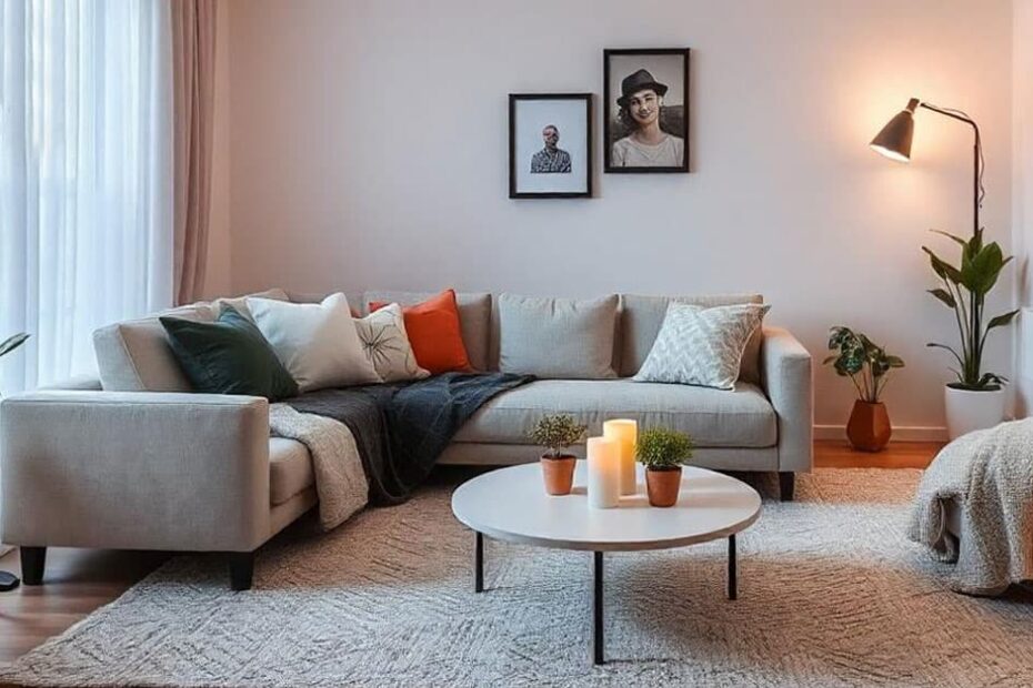 Salón acogedor con un sofá rinconero, mantas y textiles mullidos e iluminación cálida.