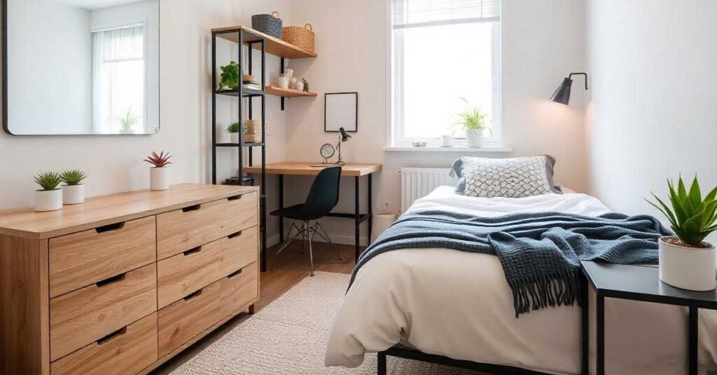 Pequeña habitación con el espacio aprovechado. Cómoda de madera con muchos cajones para almacenamiento y un mueble multifuncional de estilo industrial, con estantes y un escritorio.