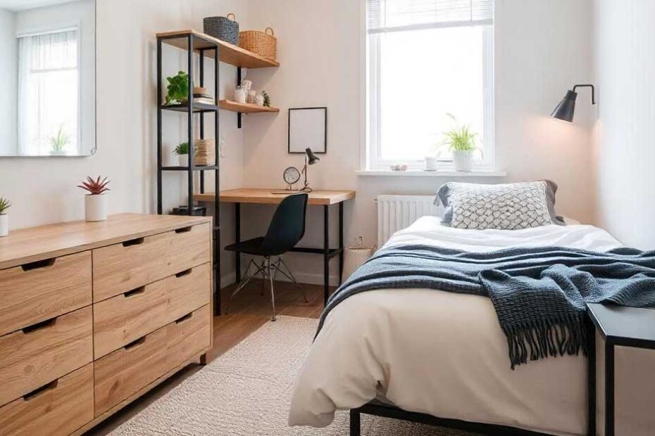 Pequeña habitación con el espacio aprovechado. Cómoda de madera con muchos cajones para almacenamiento y un mueble multifuncional de estilo industrial, con estantes y un escritorio.
