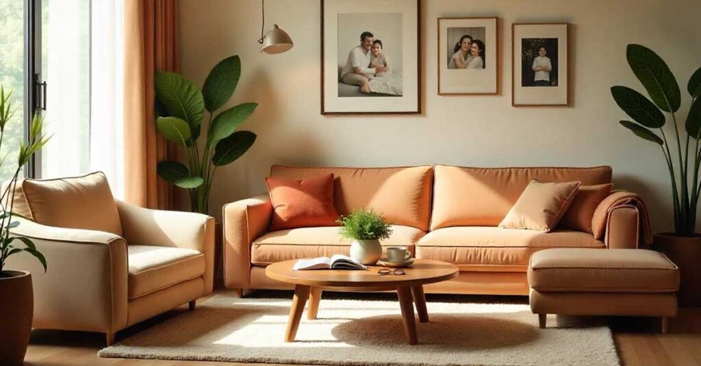 Salón de una vivienda. Sofá en tonos naranjas y plantas naturales.