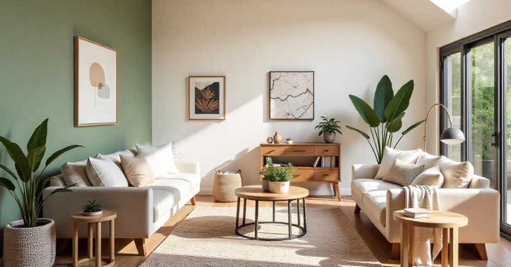 Espacio que refleja el diseño sostenible con maderas naturales, luz natural, materiales ecológicos y plantas.