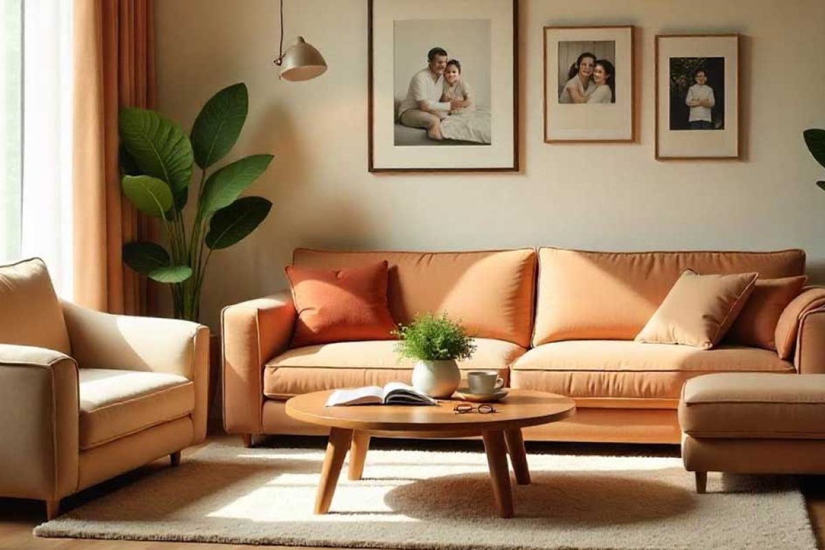 Salón de una vivienda. Sofá en tonos naranjas y plantas naturales.