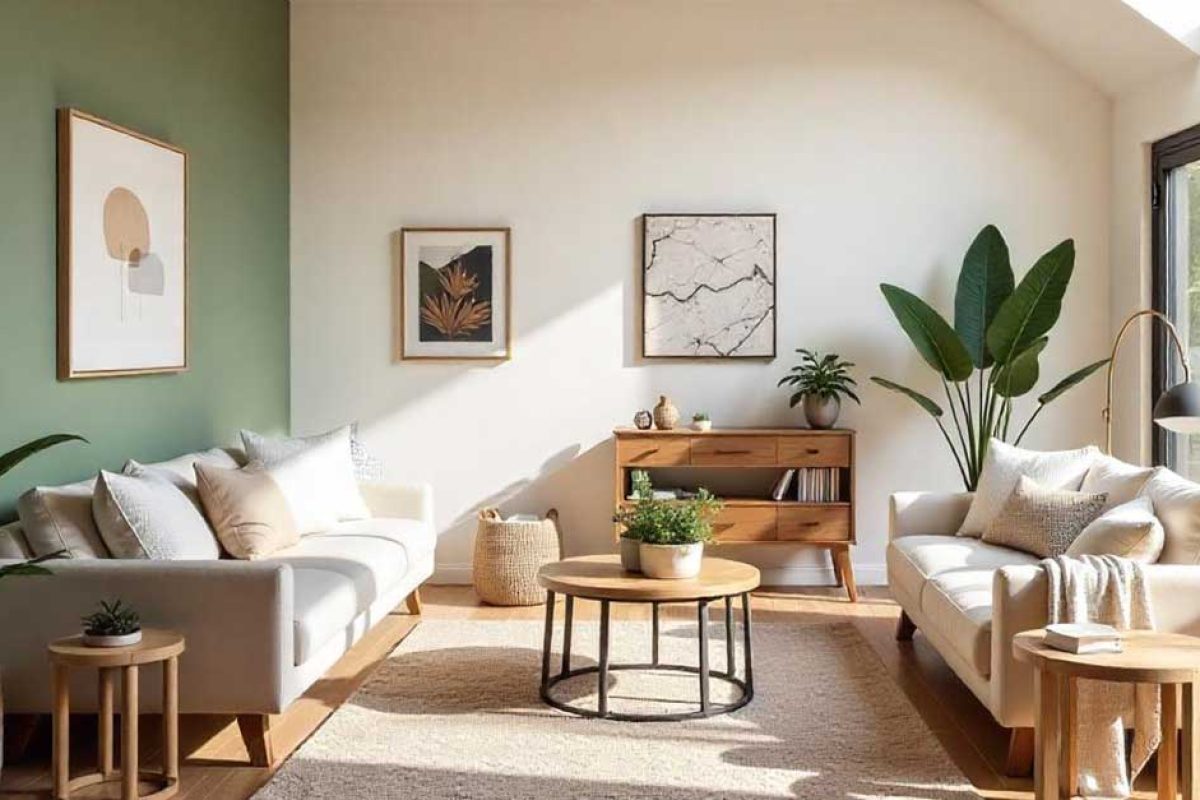 Espacio que refleja el diseño sostenible con maderas naturales, luz natural, materiales ecológicos y plantas.