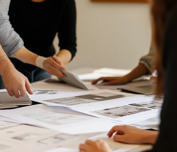 Reunión técnica de proyecto de reforma integral con documentación y muestras de material en Integra Estudio Valencia
