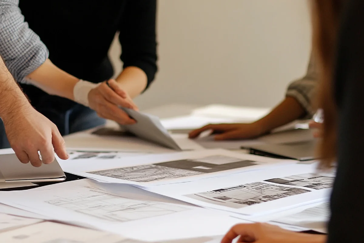 Reunión técnica de proyecto de reforma integral con documentación y muestras de material en Integra Estudio Valencia