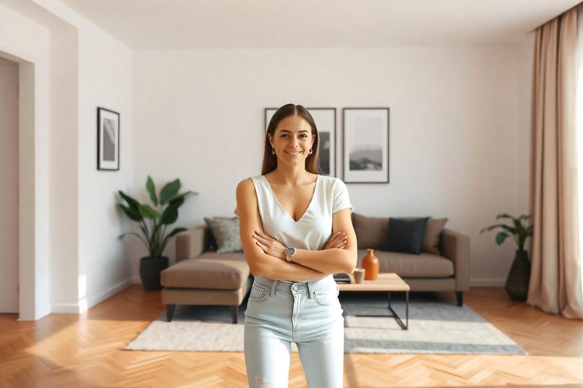 Salón de una vivienda con una mujer sonriente y satisfecha de haber logrado crear un espacio en su hogar como ella quería, gracias a Integra Estudio de interiorismo.