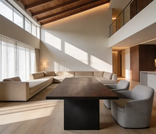 Proyecto de interiorismo residencial en Valencia con materiales naturales y luz natural.