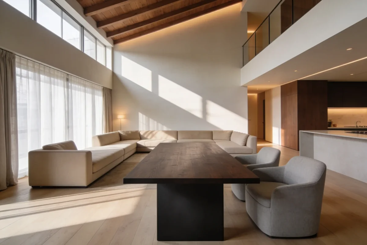 Proyecto de interiorismo residencial en Valencia con materiales naturales y luz natural.