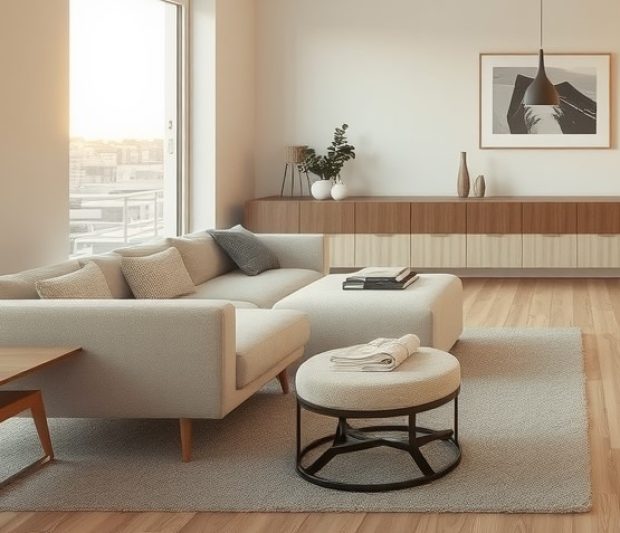 Salón estiloso con un chaise longue grande de color claro, mobiliario en madera y una alfombra gris. Idea de un espacio a diseñar por Integra Estudio de interiorismo