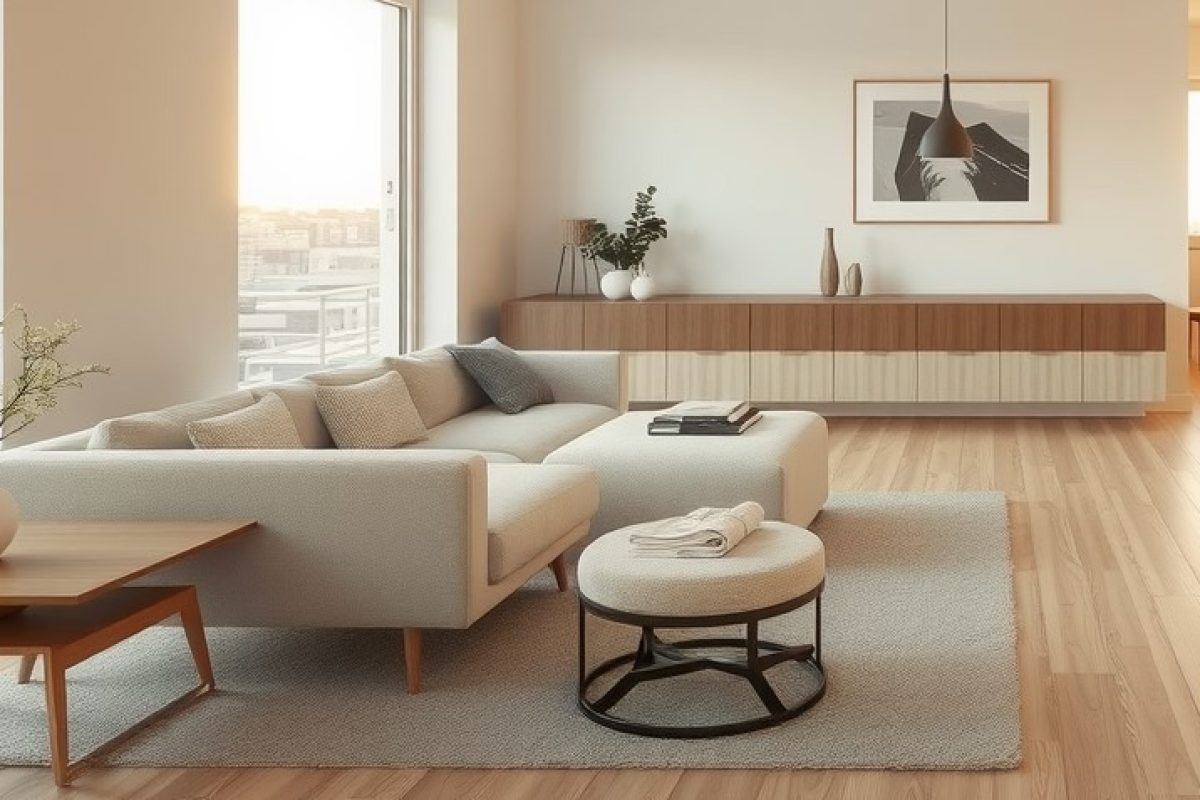 Salón estiloso con un chaise longue grande de color claro, mobiliario en madera y una alfombra gris. Idea de un espacio a diseñar por Integra Estudio de interiorismo